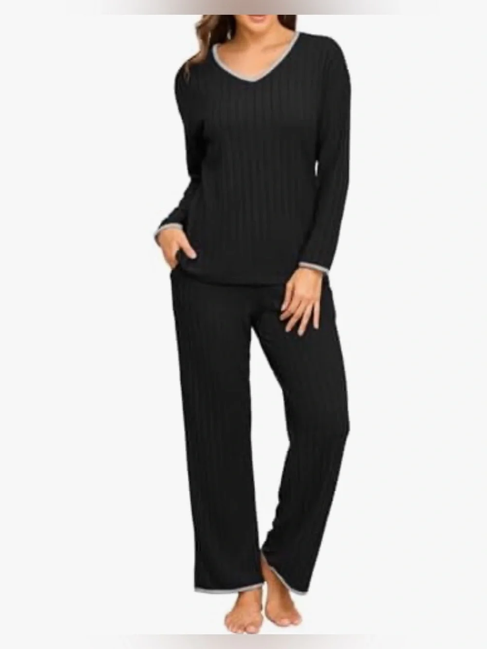 A172 PrinStory Womens XL Black Long Sleeve V Neck Ribbed Pajama Set NWT